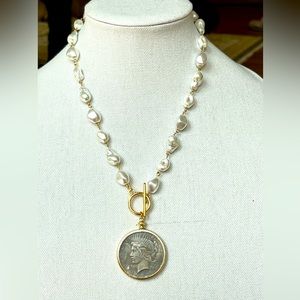 916 Chunky pearls with a large Lady Liberty Coin pendant